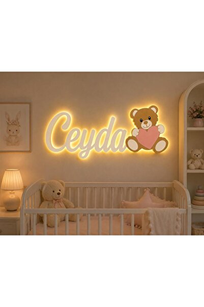 Runc Design Kişiye Özel İsimli Ahşap LED Işıklı Çocuk Odası Duvar Lambası - A...