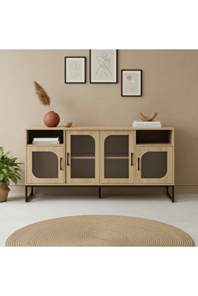 BEC20 Modern Console Table Wood Design with Ribbed Glass Doors