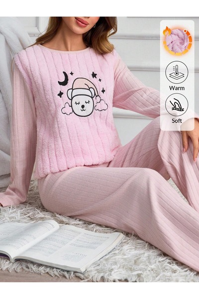 Mios Moda Mor Hello Winter Desenli Kadın Peluş Pijama Takımı