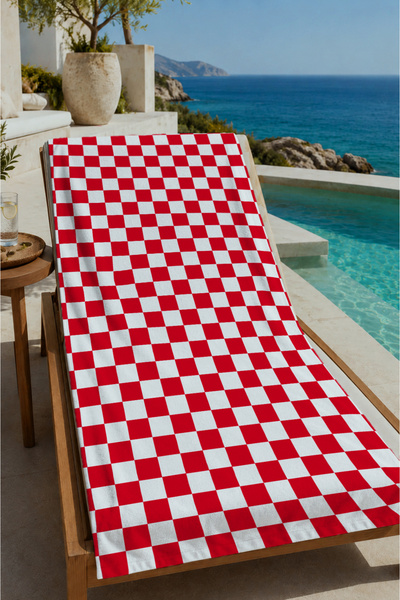 Evmila Crveno-beli karirani peškir za plažu 70x150 - pamučni peškir za kupanje
