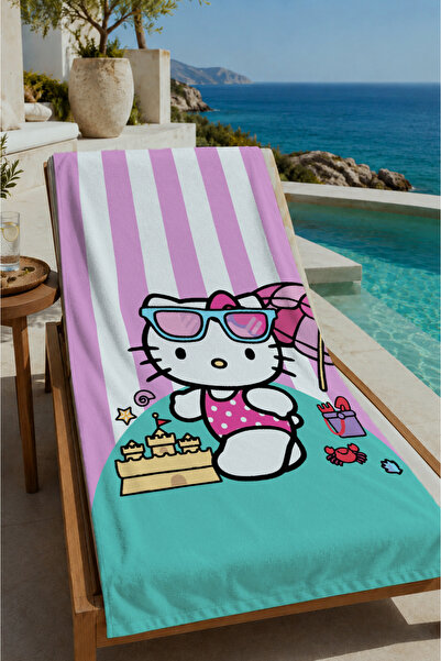 Evmila Pink and White Striped Cute Cat Character 70X150 Beach Towel - Digital...
