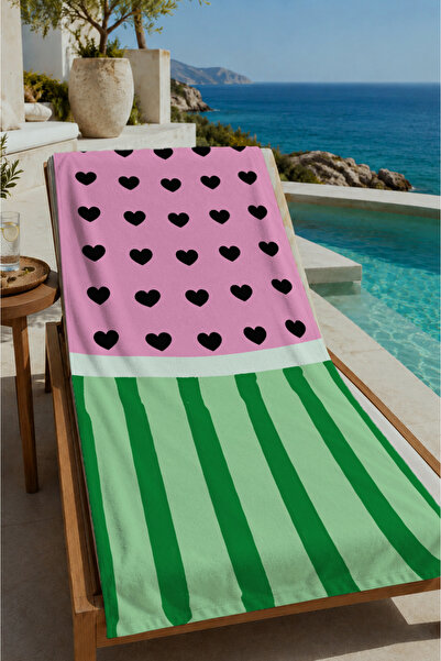 Evmila Pink Heart and Green Vertical Stripes Patterned 70X150 Beach Towel - C...