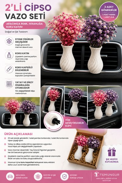 TEMUNGUR 2-Piece Car Air Conditioning Ornament Set with Poppy Flower Cipso Vase, Car Interior Air Conditioning Grille Ornament, Pink & Lilac Glove Box Decoration