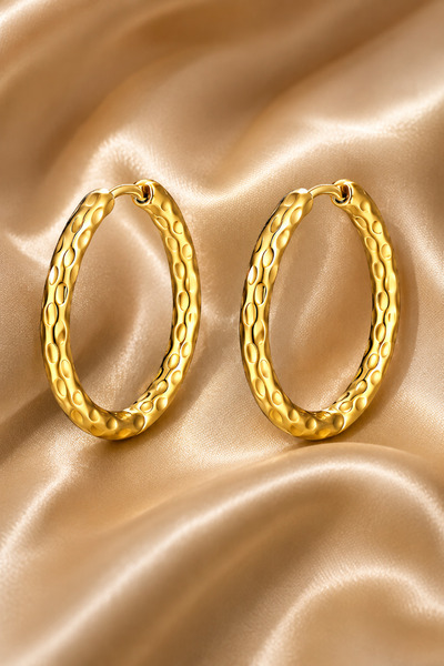 ROYALLINES Gold Tone Textured Hoop Earrings for Women – Hammered Oval Statement Hoops, Elegant Modern Fashion Jewelry