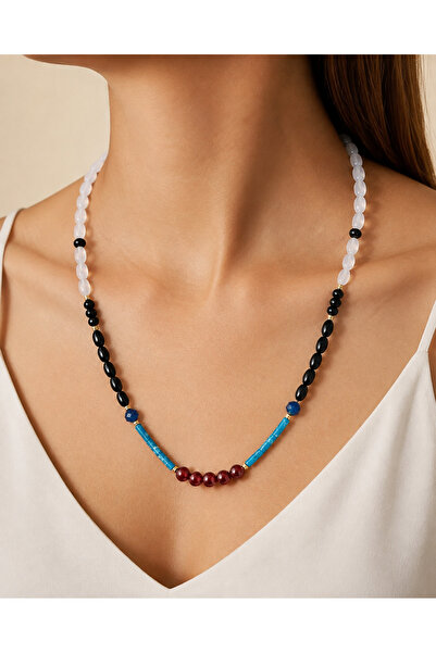 MK tasarım Genuine Agate-Lapis Lazuli Necklace - Necklace Mk.12.002