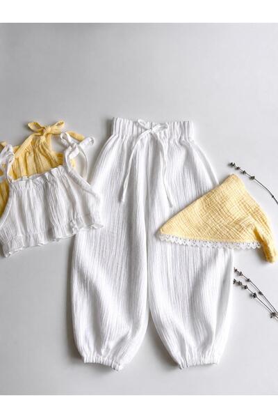 bohemiankids baby wear Girl's White Muslin Pants Yellow Crop Set with Bandage...