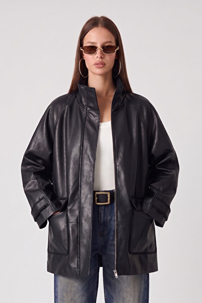 Jaglion Γυναικείο Vintage Μακρύ Oversize Δερμάτινο Μπουφάν με Φερμουάρ και Τσ...