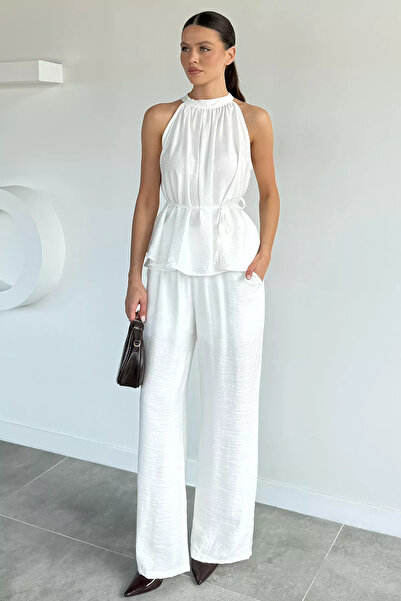 Aryena Cream Women's Halter Neck Blouse and Pants Two-Piece Set