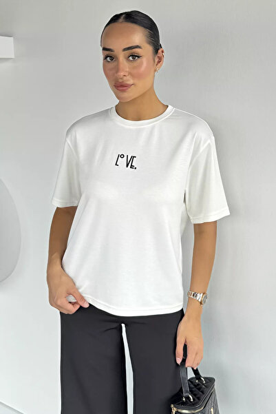 Aryena Cream Women's Crew Neck Front Printed T-Shirt