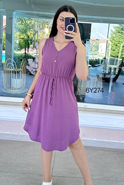 İnce Topuk V-Neck Button Detail Aerobin Dress 6Y274