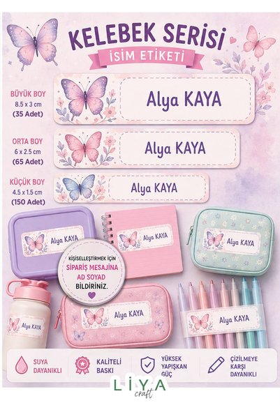 LiyaCraft Kelebek Serisi 250 Adet Her Boy Okul Etiketi
