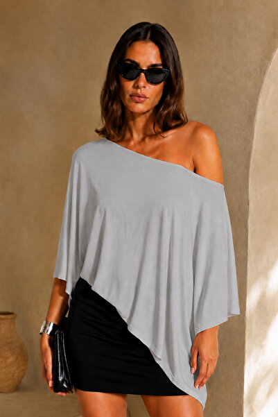 COMBİNE MİCHAİL Women's One-Shoulder Gray Asymmetrical Draped Blouse
