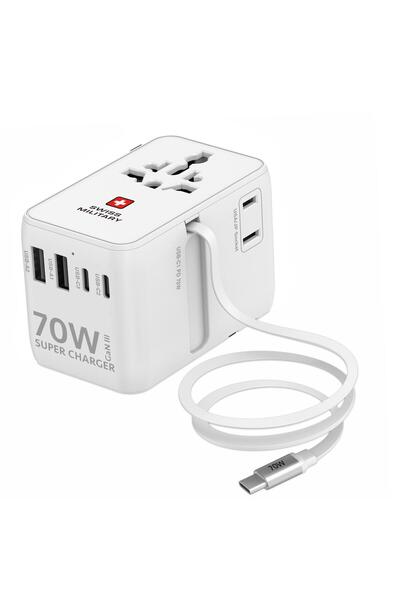 Swiss Military SM Intl Travel Adapter; 70W GAN; Inbuilt Cable; 150 Countries;...