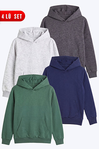 FYK KİDS Unisex Kids 4-Piece Basic Plain Kangaroo Pocket Hooded Sweatshirt