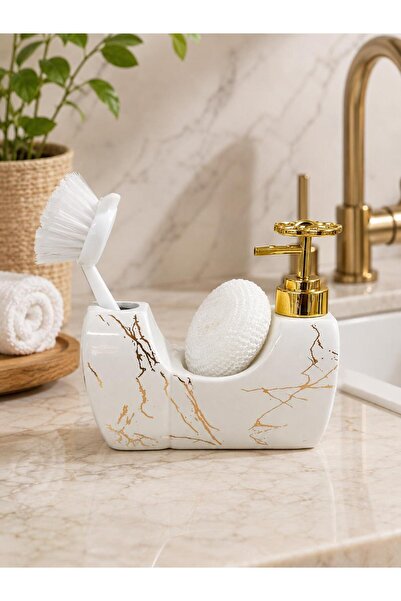 ALBETTO 342 White Marble Patterned Porcelain Liquid Soap Dispenser with Brush...
