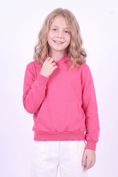 panios kids Kız Çocuk Basic Düz Kanguru Cepli Kapüşonlu Sweatshirt