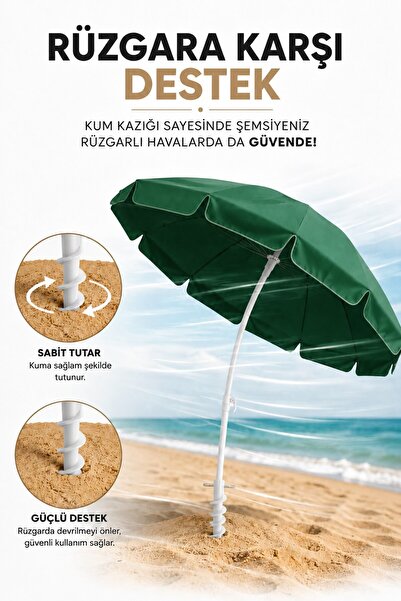 Düvenci Yeşil Plaj Şemsiyesi 200 çap/10 çelik tel + Kazık + Kılıf, Kumsal Paketi