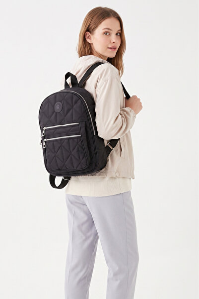 Luvenis Black Quilted Patterned 3 Compartment Unisex Backpack - Water Repelle...