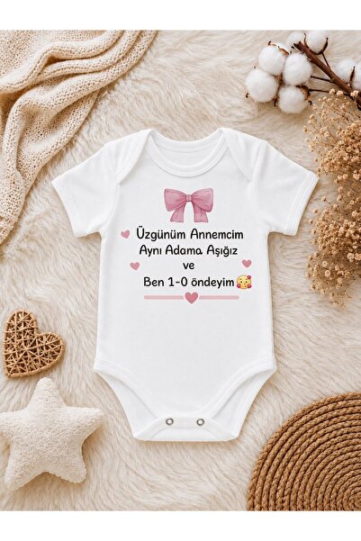 Üzgünüm Anneciğim Aynı Adama Aşığız Yazılı Kız Bebek Zıbını – Pembe Fiyonklu Eğlenceli Bebek Body