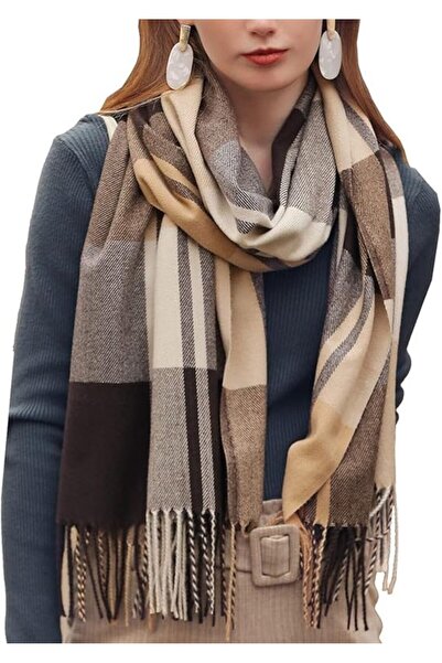 STARSTAR Women's faux cashmere scarf powder blue plaid tassel warm.