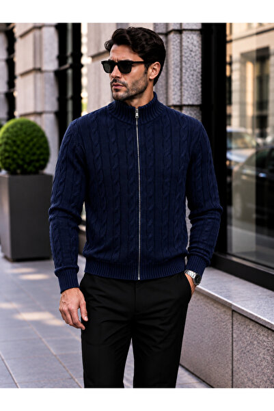 Generic Brand Men's Hair Knit Patterned Jacket with Zipper Detail