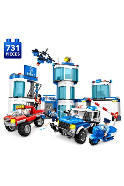 Minibric Building Set Blocks Type Parts Built 731 Pieces, Police Station Moto...