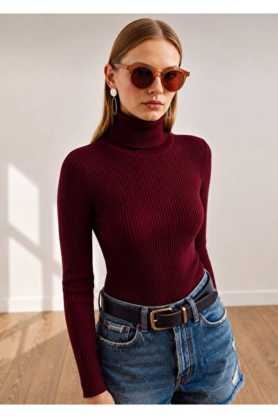 threeoff Women's Turtleneck Ribbed Knit Sweater Long Sleeve Slim Fit Fitted S...