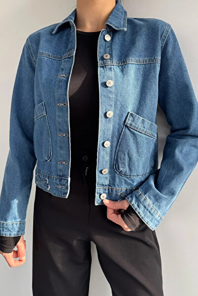 GÜLSELİ Blue Women's Double Pocket Front Buttoned Eyelet Detailed Jean Denim ...