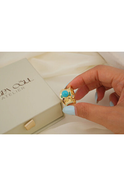 ATELİER TUĞBA Yzk661 Bombeli Turquoise Stone Gold Adjustable Ring