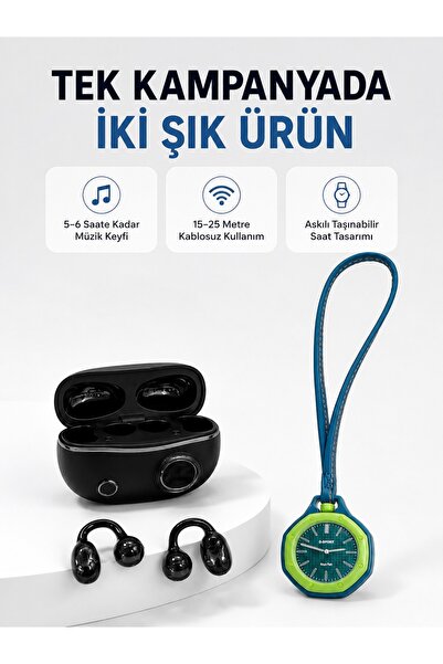 UCUZTEKNO 8753tknd Yeşil Çanta Charm Saat ve Kablosuz Bluetooth Kulaklık İkil...