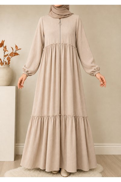 OKTAYUSTA COLLECTİON Double Layer Gathered Beige Mevlana Ferace
