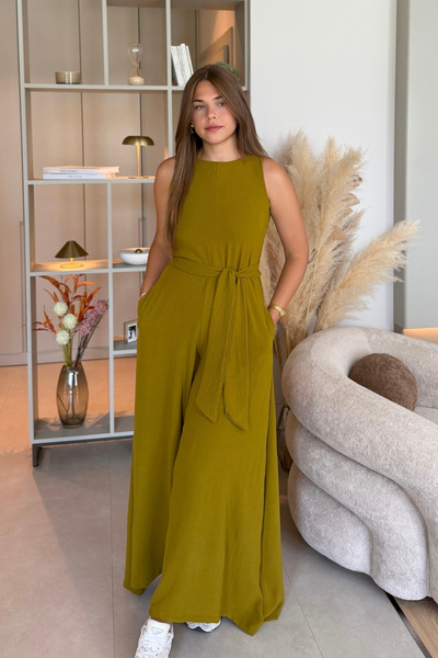 Aventien Stylish Oil Green Jumpsuit with Belted Pockets