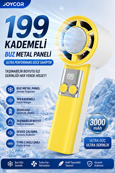 JOYCOR El Fanı 199 Kademeli Buz Metal Panelli Turbo El Vantilatörü 3000mAh Ty...