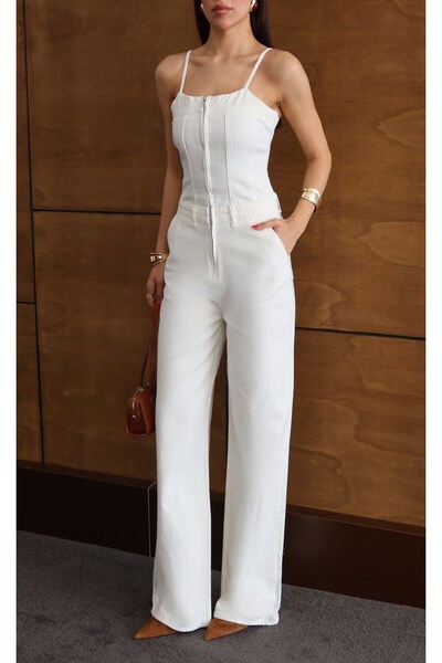 Moda Days Women's Ecru Jean Jumpsuit with Rope Straps, Zipper Back, Wide Legs