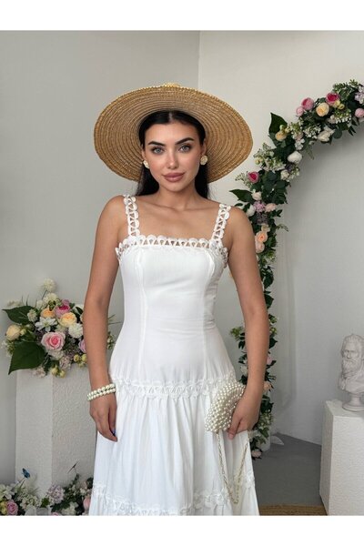 Moda Days فستان نسائي متوسط الطول من قماش إكرو، ياقة مربعة، أربطة من الدانتيل...