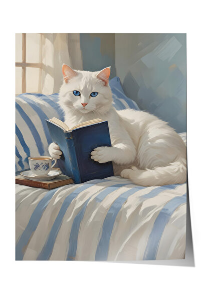 WhitePrintt Kitap Okuyan Beyaz Kedi Dekoratif Duvar Posteri Çerçevesiz Poster...