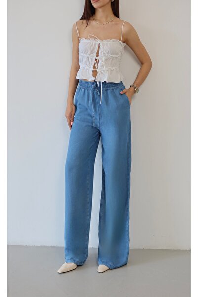 Moda Days Pantaloni Palazzo ALBASTRI pentru femei, cu talie înaltă, cu șiretu...