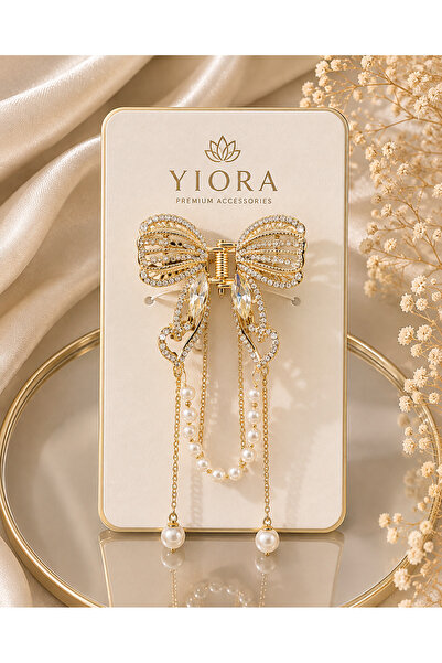 yiora Gold Metal Butterfly Clasp with Crystal Stones and Pearl Chain Pendant ...