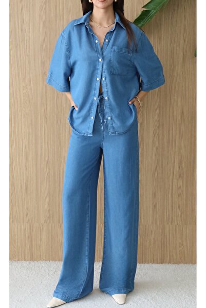 Moda Days Women's Blue Shirt Pants Set Lyocell Palazzo Elastic Waist Short Sl...
