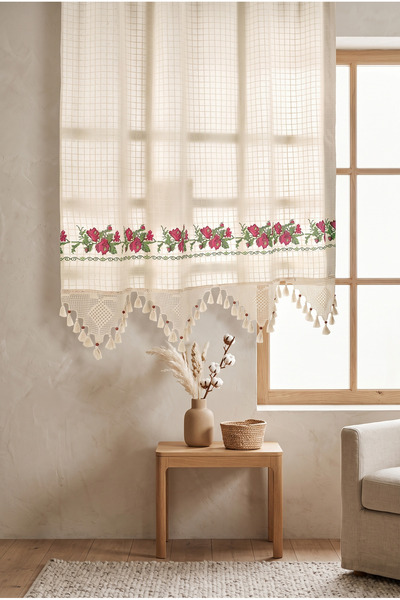 St Shopyteks Authentic Cotton Decorative Curtain with Cross-Stitch Lace – Liv...