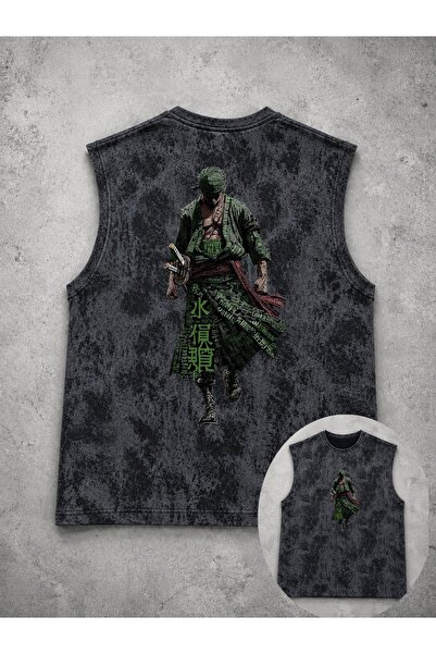 classy moda Unisex Black Washed Sleeveless Tank Top with Visual Print on the ...