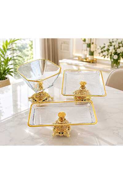 Buldem 3-Piece Gold Detailed Glass Serving Set, Luxurious Footed Serving Plat...