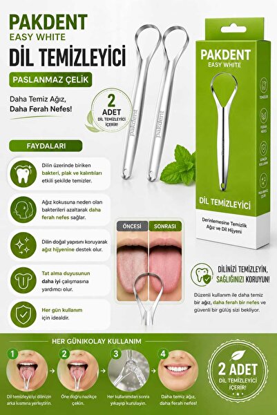 PAKDENT EASY WHİTE Paslanmaz Çelik Dil Temizleyici 2 Adet – Ağız ve Dil Bakımı