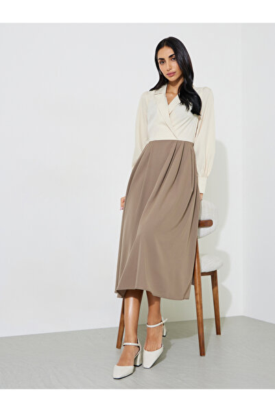 Styli Color Block Long Sleeves Blazer Midi Dress