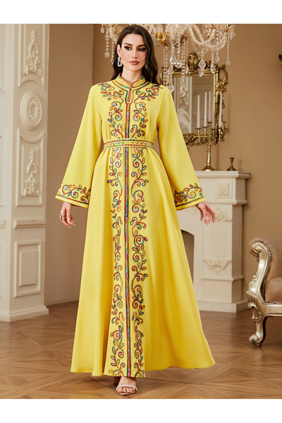 Take Two By Styli Yellow Tie-Up Detail Embroidered Maxi Jalabiya