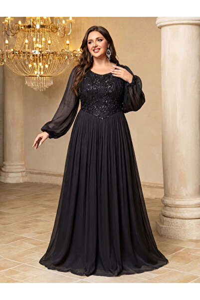 SUPGIR Plus Size Black Beads Embellished A-Line Maxi Dress