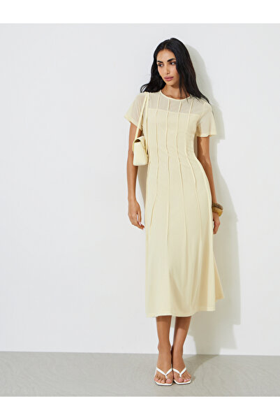 Styli Yellow Pintucks Detail Short Sleeves A-Line Midi Dress