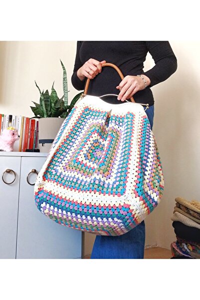 Kroşe Klipsli Büyükanne Çantası , Renkli Tasarım Örgü Retro Çantalar , Kemzey Handmade Vintage Görünümlü Motifli Omuz Çantası
