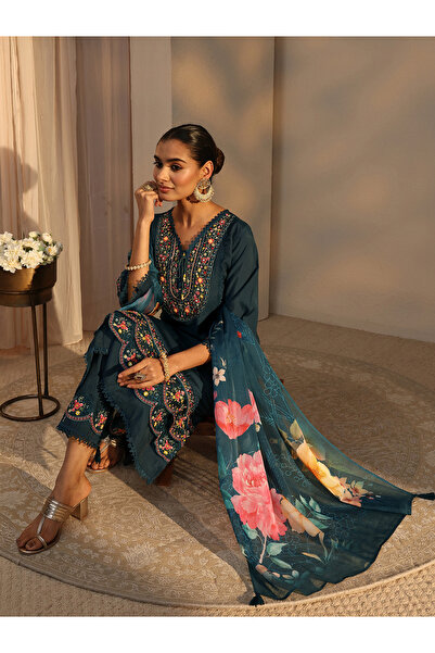 Libas By Styli Blue Embroidered Silk Blend A-Line Kurta with Trouser and Dupa...