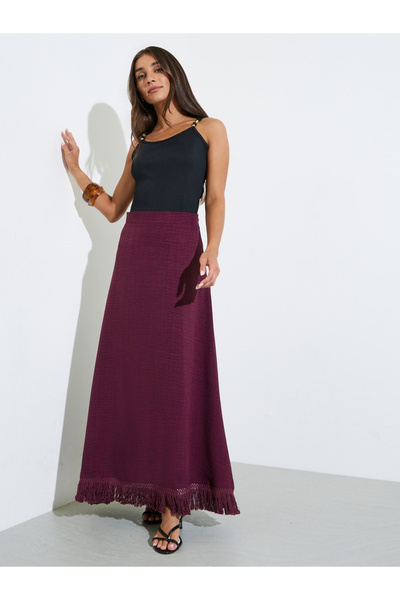 Styli Women Burgundy A-Line Maxi Skirt with Fringe Hem